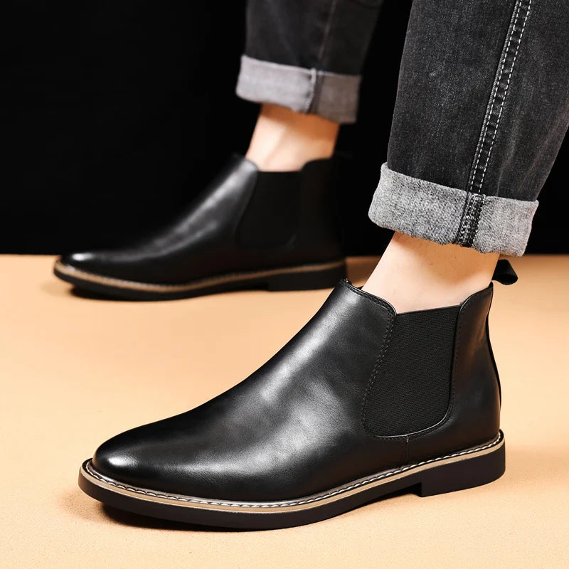 YRZL 39~47 Men Chelsea Boots Brand Retro Comfortable PU Leather Ankle Boots Men 2024 Fashion Black Brown Mens Boots