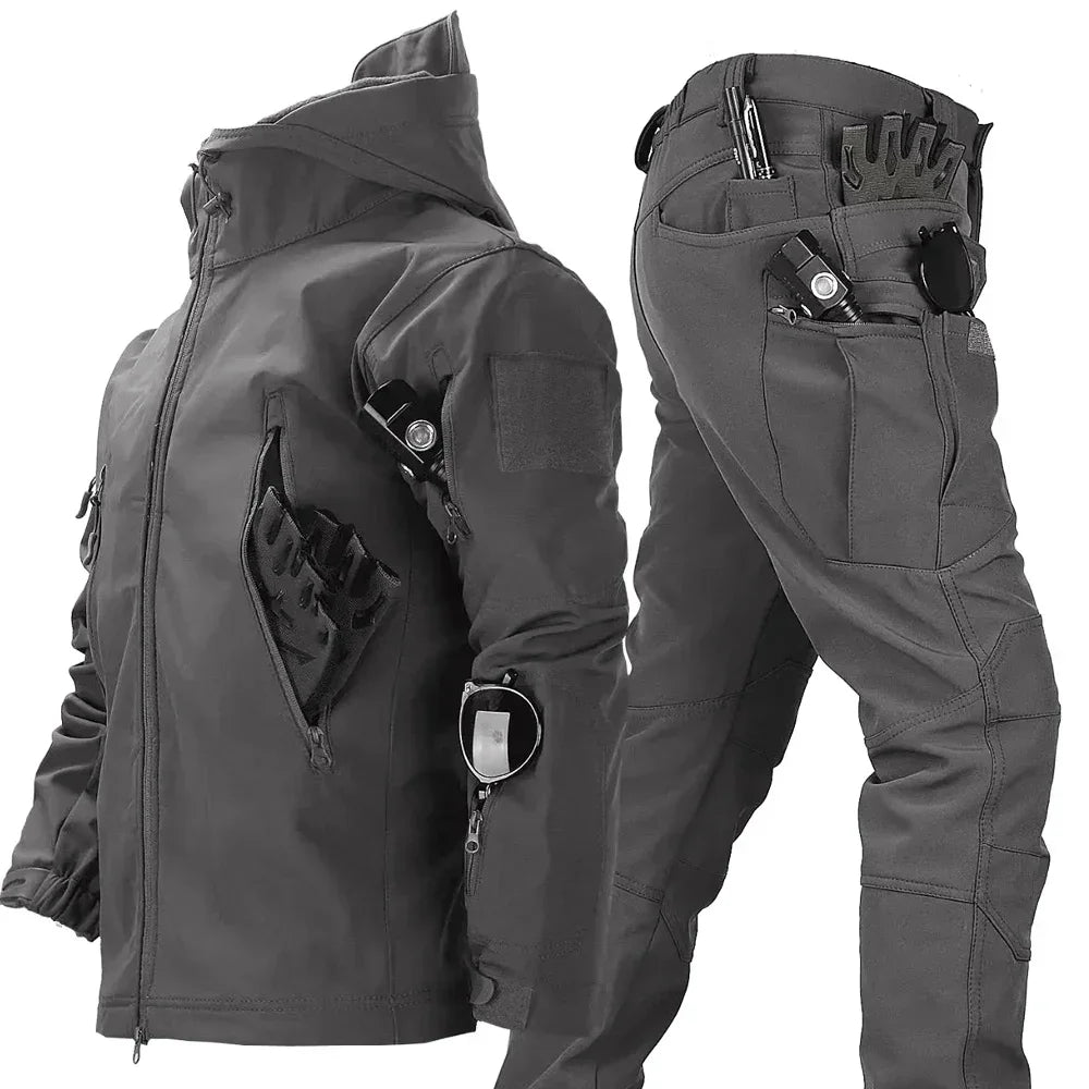 Hot Suits for Men Winter Tactical Sets Shark Skin Biker Jacket Hoodie Pants 2 Piece Set Waterproof Workwear Clothes Pockets