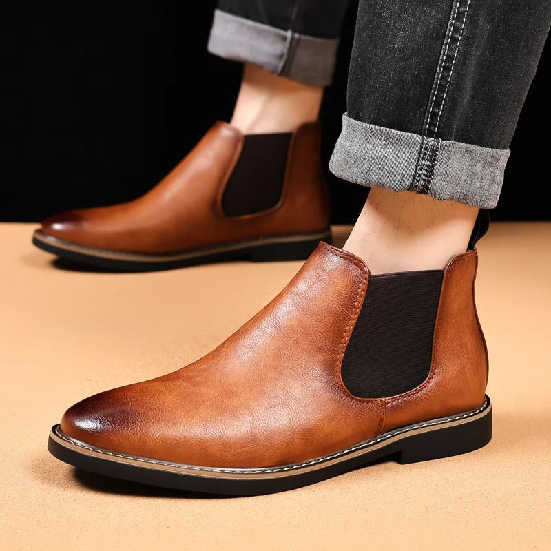 YRZL 39~47 Men Chelsea Boots Brand Retro Comfortable PU Leather Ankle Boots Men 2024 Fashion Black Brown Mens Boots