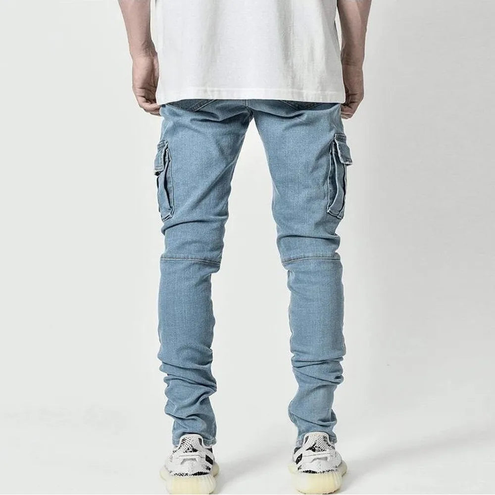 Street Elastic Jeans Men Denim Cargo Pants Wash Solid Color Multi Pockets Casual Mid Waist Trousers Slim Fit Daily Wear Joggers