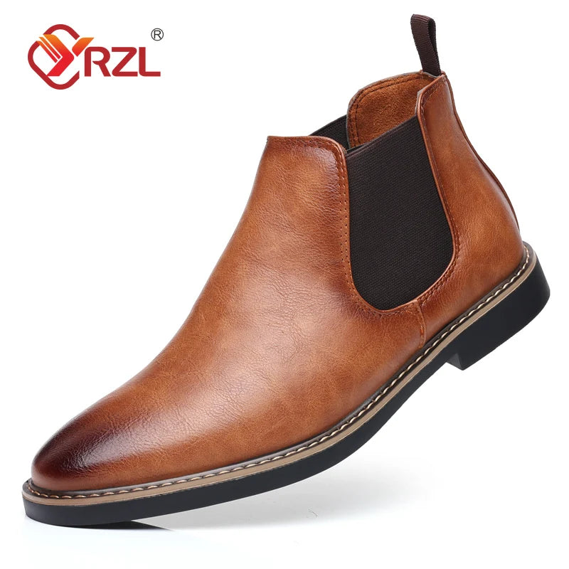 YRZL 39~47 Men Chelsea Boots Brand Retro Comfortable PU Leather Ankle Boots Men 2024 Fashion Black Brown Mens Boots