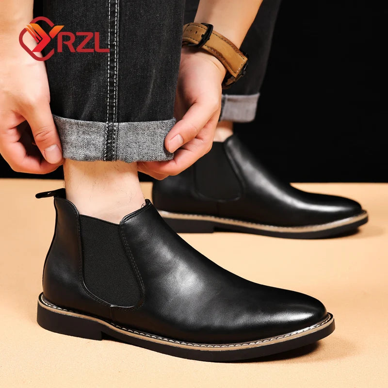 YRZL 39~47 Men Chelsea Boots Brand Retro Comfortable PU Leather Ankle Boots Men 2024 Fashion Black Brown Mens Boots