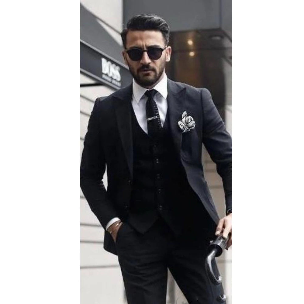 Boss Men Suits for Wedding Lapel Gentle Groom Wear Slim Fit Groomsmen Wedding Tuxedos 3 Piece Jacket Pants Vest Best Man Blazer