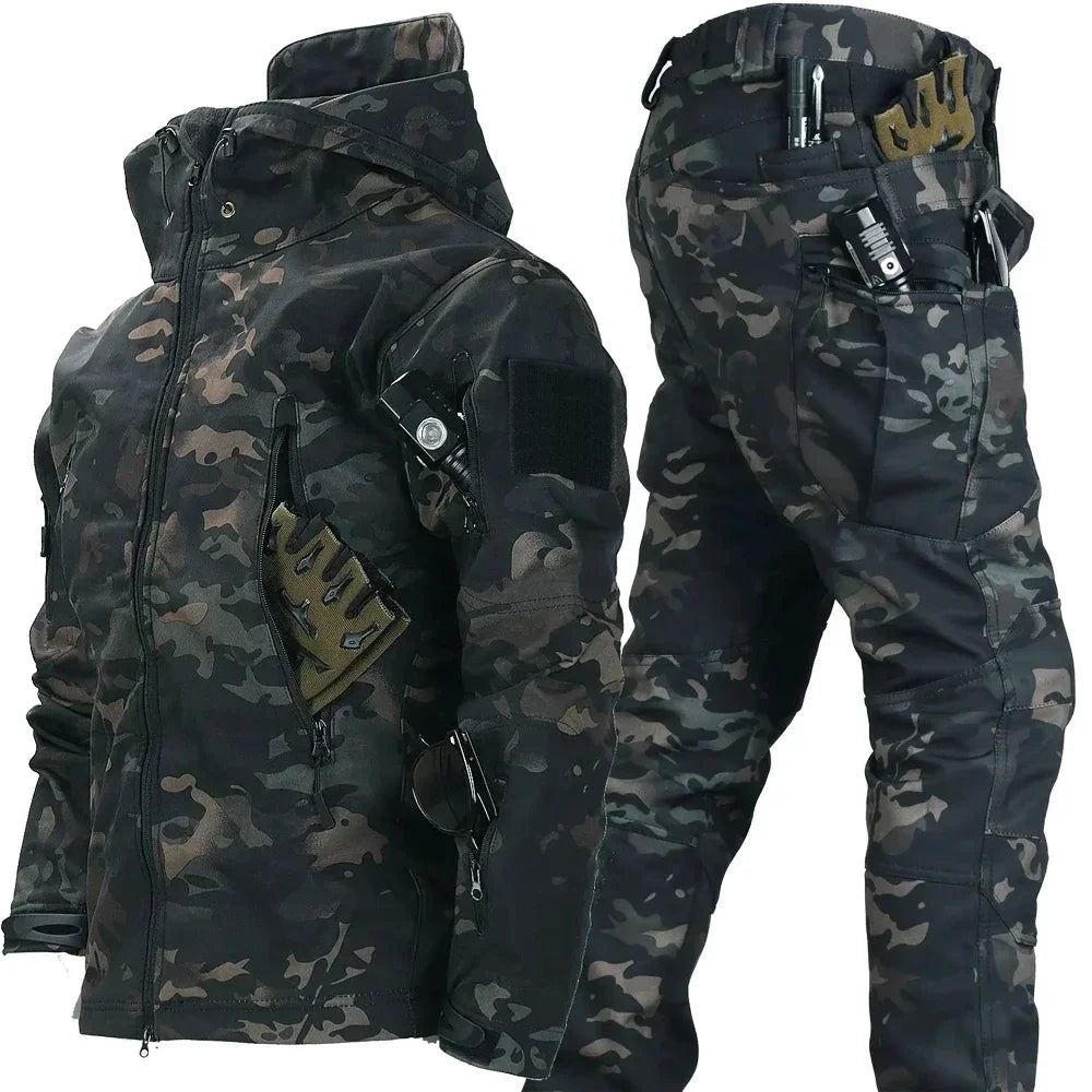 Hot Suits for Men Winter Tactical Sets Shark Skin Biker Jacket Hoodie Pants 2 Piece Set Waterproof Workwear Clothes Pockets