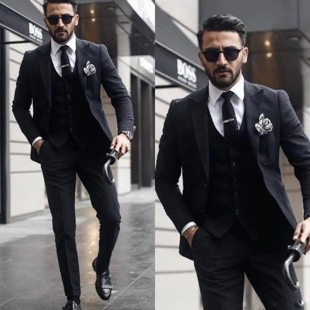 Boss Men Suits for Wedding Lapel Gentle Groom Wear Slim Fit Groomsmen Wedding Tuxedos 3 Piece Jacket Pants Vest Best Man Blazer