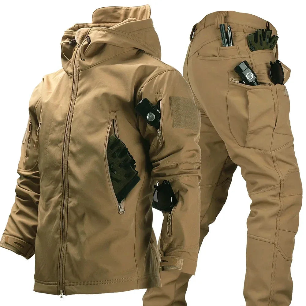 Hot Suits for Men Winter Tactical Sets Shark Skin Biker Jacket Hoodie Pants 2 Piece Set Waterproof Workwear Clothes Pockets