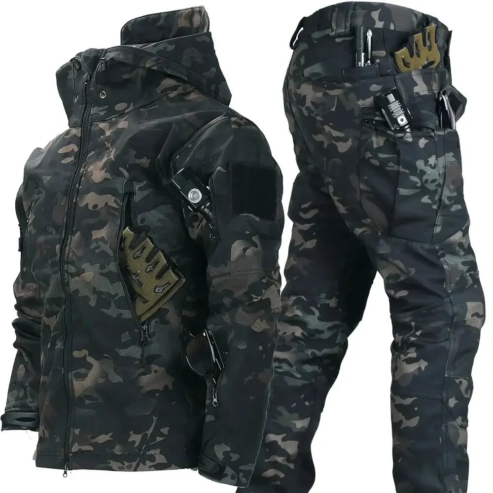 Hot Suits for Men Winter Tactical Sets Shark Skin Biker Jacket Hoodie Pants 2 Piece Set Waterproof Workwear Clothes Pockets